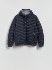 Pikowana kurtka z kapturem - granatowy. Niebieskie kurtki męskie Reserved, l, bez wzorów, bez ramiączek, z kapturem. Za 199.99 zł.