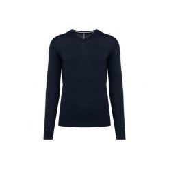 Ekologiczny sweter z dekoltem w szpic Kariban. Niebieskie swetry męskie KARIBAN, bez wzorów, bez kołnierzyka, bez ramiączek. Za 191.00 zł.