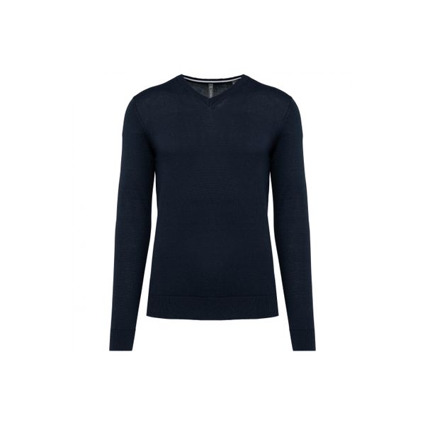 Ekologiczny sweter z dekoltem w szpic Kariban. Niebieskie swetry męskie KARIBAN, bez wzorów, bez kołnierzyka, bez ramiączek. Za 235.50 zł.