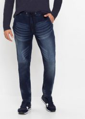 Dżinsy dresowe slim fit, straight. Niebieskie jeansy męskie bonprix, bez wzorów, z dresówki. Za 149.99 zł.