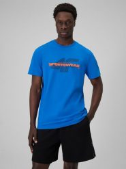4F T-shirt regular z nadrukiem męski - niebieski S. Niebieskie t-shirty męskie 4f, m, bez wzorów, z bawełny, bez kołnierzyka, bez ramiączek. Za 59.99 zł.