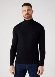 WRANGLER ROLL NECK KNIT MĘSKI SWETER BLACK W8D42P100. Czarne swetry męskie Wrangler, bez wzorów, z bawełny, eleganckie, bez kołnierzyka, bez ramiączek. W wyprzedaży za 129.99 zł.