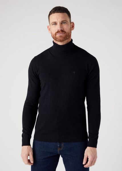 WRANGLER ROLL NECK KNIT MĘSKI SWETER BLACK W8D42P100. Czarne swetry męskie Wrangler, bez wzorów, z bawełny, eleganckie, bez kołnierzyka, bez ramiączek. Za 199.99 zł.