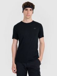 4F Koszulka trekkingowa z wełną merino męska - czarna XL. Czarne t-shirty męskie 4f, m, bez wzorów, z materiału, bez kołnierzyka, bez ramiączek. Za 199.99 zł.