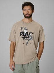 4F T-shirt loose z nadrukiem męski - beżowy M. Brązowe t-shirty męskie 4f, m, bez wzorów, z bawełny, bez kołnierzyka, bez ramiączek. Za 69.99 zł.