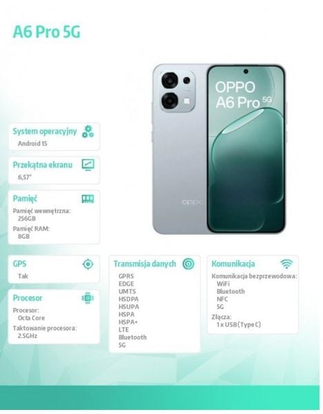 Oppo Smartfon A6 Pro 5G 8/256GB Szary CPH2781. Szare smartfony Oppo. Za 1,050.00 zł.