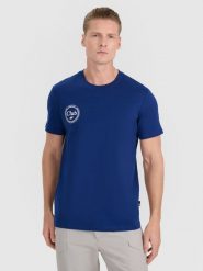 4F T-shirt regular z nadrukiem męski - granatowy M. Niebieskie t-shirty męskie 4f, m, bez wzorów, z bawełny, bez kołnierzyka, bez ramiączek. Za 49.99 zł.