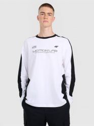 4F Longsleeve oversize z nadrukiem męski - biały XS. Białe koszulki męskie z długim rękawem 4f, m, bez wzorów, bez kołnierzyka, bez ramiączek. Za 99.99 zł.