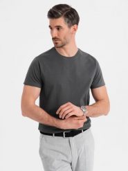 Męski klasyczny bawełniany T-shirt BASIC - grafitowy V15 OM-TSBS-0236 - XXL. Szare t-shirty męskie Ombre Clothing, l, bez wzorów, z bawełny, bez kołnierzyka, bez ramiączek. W wyprzedaży za 39.99 zł.