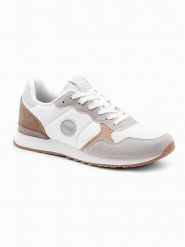 Buty męskie sneakersy z łączonych materiałów i siateczką - biało-brązowe V1 - Rozmiar: 42. Białe buty sportowe na co dzień męskie Ombre Clothing, l, bez wzorów, z materiału, eleganckie, bez ramiączek, bez kaptura. W wyprzedaży za 99.99 zł.