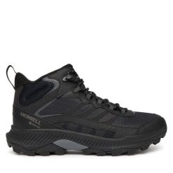 Trekkingi Merrell. Czarne buty trekkingowe męskie Merrell, bez wzorów, z gore-texu, sportowe, bez obcasa, bez zapięcia. Za 579.99 zł.