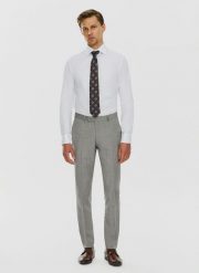PAKO LORENTE – Męskie spodnie garniturowe w odcieniu szarym. Szare eleganckie spodnie męskie Pako Lorente, bez wzorów, z lycry, eleganckie. Za 699.99 zł.