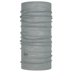 Chusta wielofunkcyjna z wełny merynosów Buff Merino Lightweight. Szare szaliki męskie Buff, bez wzorów, z wełny, sportowe. Za 99.99 zł.