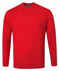 Bawełniany Sweter Męski, Okrągły Dekolt - Pako Jeans - Marmurkowa Faktura, Czerwony. Czerwone kardigany męskie Pako Jeans, l, bez wzorów, z bawełny, bez ramiączek. Za 169.00 zł.