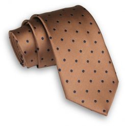 Brązowy Stylowy Klasyczny Męski Krawat -ALTIES- 7cm, Szeroki, w Granatowe Kropki, Groszki. Niebieskie krawaty i muchy męskie Alties, bez wzorów, z tkaniny, eleganckie. Za 49.00 zł.