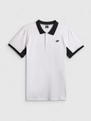 4F Koszulka polo regular męska - biała 3XL. Białe koszulki polo męskie 4f, m, bez wzorów, z dzianiny, biznesowe, bez kołnierzyka, bez ramiączek. Za 119.99 zł.