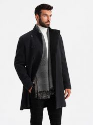 Męski płaszcz z wysokim kołnierzem i asymetrycznym zapięciem – czarny V2 OM-COWC-0120 - XXL. Czarne płaszcze męskie Ombre Clothing, l, z aplikacjami, z materiału, eleganckie, bez kaptura. Za 311.99 zł.
