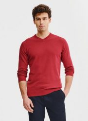 PAKO LORENTE – Czerwony męski sweter w serek. Czerwone swetry męskie Pako Lorente, bez wzorów, z bawełny, bez kołnierzyka, bez ramiączek. Za 139.99 zł.