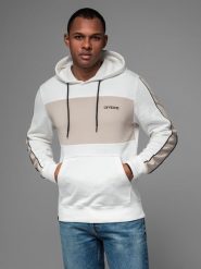 Męska bawełniana bluza z kapturem z kontrastującymi elementami - biała V1 - Rozmiar: XL. Białe bluzy nierozpinane męskie Ombre Clothing, m, bez wzorów, z bawełny, z kapturem. W wyprzedaży za 172.49 zł.