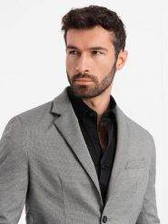 Marynarka męska casual w delikatną kratkę - szara V2 - Rozmiar: M. Szare marynarki męskie Ombre Clothing, m, bez wzorów, z poliesteru. W wyprzedaży za 149.99 zł.