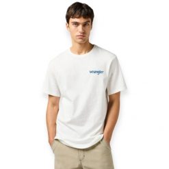 MESKA KOSZULKA WRANGLER GRAPHIC TEE WORN WHITE 112362835. Białe t-shirty męskie Wrangler, xl, bez wzorów, bez kołnierzyka, bez ramiączek. Za 79.99 zł.