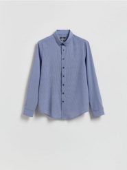 Koszula slim fit - granatowy. Niebieskie koszule męskie Reserved, l, bez wzorów, z tkaniny, bez kołnierzyka, bez ramiączek. Za 129.99 zł.