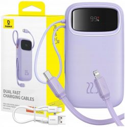 Powerbank Baseus Powerbank Qpow2 20000mAh 22,5W z podwójnym kablem z cyfrowym wyświetlaczem kabel Simple USB-C 3A 0,3m (biały) - fioletowy. Białe powerbanki Baseus. Za 85.49 zł.