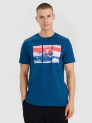 4F T-shirt regular z nadrukiem męski - turkusowy S. Niebieskie t-shirty męskie 4f, m, bez wzorów, z bawełny, bez kołnierzyka, bez ramiączek. Za 69.99 zł.