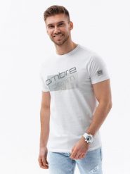 T-shirt męski bawełniany z nadrukiem - biały V1. Białe t-shirty męskie Ombre Clothing, m, bez wzorów, z bawełny, bez kołnierzyka, bez ramiączek. W wyprzedaży za 19.99 zł.