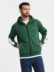 Rozpinana męska bluza z kapturem i lampasami - ciemnozielona V7 OM-SSZP-0210 M. Zielone bluzy z kapturem męskie Ombre, m, bez wzorów, z kapturem. Za 393.34 zł.