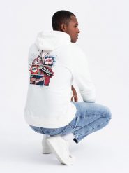 Bluza męska hoodie z nadrukiem na plecach - ecru V3 - Rozmiar: L. Bluzy nierozpinane męskie Ombre Clothing, l, bez wzorów, bez ramiączek, bez kaptura. W wyprzedaży za 29.99 zł.