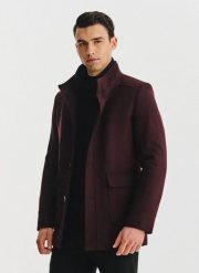 PAKO LORENTE - Bordowy płaszcz zapinany na guziki. Czerwone płaszcze męskie Pako Lorente, na jesień, m, bez wzorów, z poliesteru, bez kaptura. Za 699.99 zł.