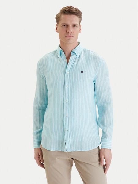 Tommy Hilfiger Koszula Bengal MW0MW42400 Turkusowy Regular Fit. Niebieskie koszule męskie Tommy Hilfiger, l, bez wzorów, ze lnu, bez kołnierzyka, bez ramiączek. Za 489.99 zł.