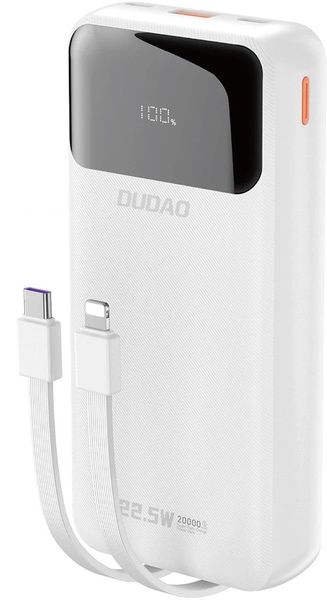 Powerbank Dudao K15Pro 20000mAh 22.5W PD USB-C / USB-A / wbudowane kable Lightning, USB-C biały. Białe powerbanki Dudao. Za 71.64 zł.