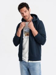 Rozpinana męska bluza dresowa BASIC – granatowa V1 - Rozmiar: XL. Niebieskie bluzy z kapturem męskie Ombre Clothing, m, bez wzorów, z dresówki, z kapturem. W wyprzedaży za 157.49 zł.