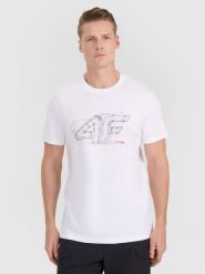 4F T-shirt regular z nadrukiem męski - biały M. Białe t-shirty męskie 4f, m, bez wzorów, z bawełny, bez kołnierzyka, bez ramiączek. Za 59.99 zł.