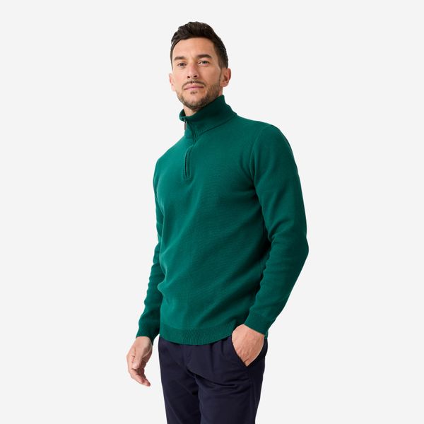 Sweter do golfa męski MW500 z półgolfem. Zielone swetry męskie INESIS, bez wzorów, z bawełny, eleganckie, bez kołnierzyka, bez ramiączek. Za 159.99 zł.