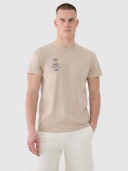 4F T-shirt regular z nadrukiem męski - beżowy XXL. Brązowe t-shirty męskie 4f, m, bez wzorów, z bawełny, bez kołnierzyka, bez ramiączek. W wyprzedaży za 49.99 zł.