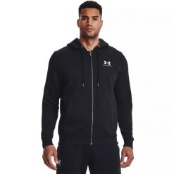 Bluza fitness męska Under Armour Essential Fleece Full Zip Hood. Czarne bluzy nierozpinane męskie Under Armour, l, bez wzorów, sportowe, bez ramiączek, bez kaptura. Za 229.99 zł.