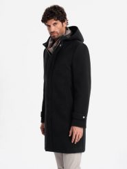 Długi monochromatyczny męski płaszcz z kapturem – czarny V3 - Rozmiar: L. Czarne płaszcze męskie Ombre Clothing, l, bez wzorów, z materiału, eleganckie, z kapturem. W wyprzedaży za 412.49 zł.