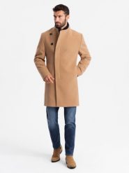 Męski płaszcz z asymetrycznym zapięciem i wysokim kołnierzem – jasnobrązowy V4 OM-COWC-0120 - XXL. Brązowe płaszcze męskie Ombre Clothing, l, z aplikacjami, z materiału, eleganckie, bez kaptura. Za 311.99 zł.
