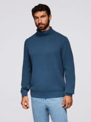 Męski golf sweter z dzianiny – ciemnoniebieski V2 - Rozmiar: XL. Niebieskie swetry męskie Ombre Clothing, bez wzorów, z bawełny, biznesowe, bez kołnierzyka, bez ramiączek. Za 189.99 zł.