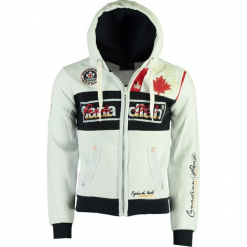 Bluza "Face" w kolorze białym. Białe bluzy rozpinane męskie Canadian Peak, z aplikacjami, prążkowane. W wyprzedaży za 136.95 zł.