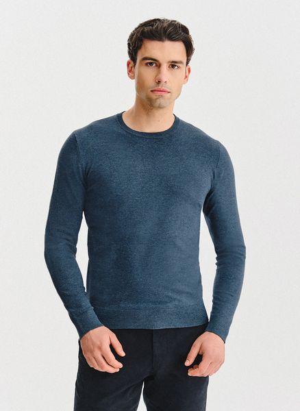 PAKO LORENTE – Granatowy sweter męski o-neck. Niebieskie swetry męskie Pako Lorente, bez wzorów, z poliesteru, bez kołnierzyka, bez ramiączek. Za 149.99 zł.