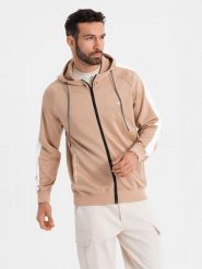Rozpinana męska bluza z kapturem i lampasami - beżowa V4 - Rozmiar: M. Brązowe bluzy rozpinane męskie Ombre Clothing, m, z aplikacjami, z dzianiny, retro, bez ramiączek, z kapturem. W wyprzedaży za 194.99 zł.