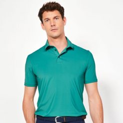 Koszulka polo do golfa z krótkim rękawem męska Inesis WW900. Zielone koszulki polo męskie INESIS, l, bez wzorów, z dżerseju, sportowe, bez kołnierzyka, bez ramiączek. W wyprzedaży za 79.99 zł.