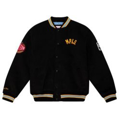Kurtka Minneapolis Lakers NBA Varsity. Czarne kurtki męskie Mitchell & Ness, m, bez wzorów, eleganckie, bez ramiączek, bez kaptura. W wyprzedaży za 928.50 zł.