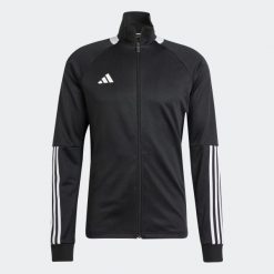Bluza treningowa do piłki nożnej ADIDAS Sereno. Czarne bluzy rozpinane męskie ADIDAS, l, bez wzorów, z dresówki, sportowe, bez ramiączek, bez kaptura. W wyprzedaży za 169.99 zł.