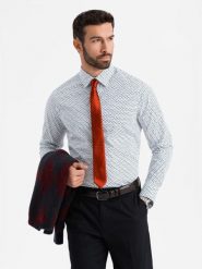 Męska koszula w drobny wzór SLIM FIT - biała V2 - Rozmiar: XL. Białe koszule męskie Ombre Clothing, m, bez wzorów, z bawełny, bez kołnierzyka, bez ramiączek. W wyprzedaży za 69.99 zł.