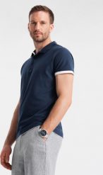 Ombre Bawełniana męska koszulka polo z kontrastowymi wykończeniami granatowa V4 OM-POSS-0113 XL. Koszulki polo męskie Ombre, m, bez wzorów, z bawełny, bez kołnierzyka, bez ramiączek. Za 89.99 zł.